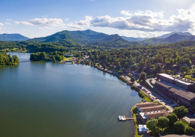 Scenic aerial photo of Lake Junaluska with the Terrace Hotel at the far right