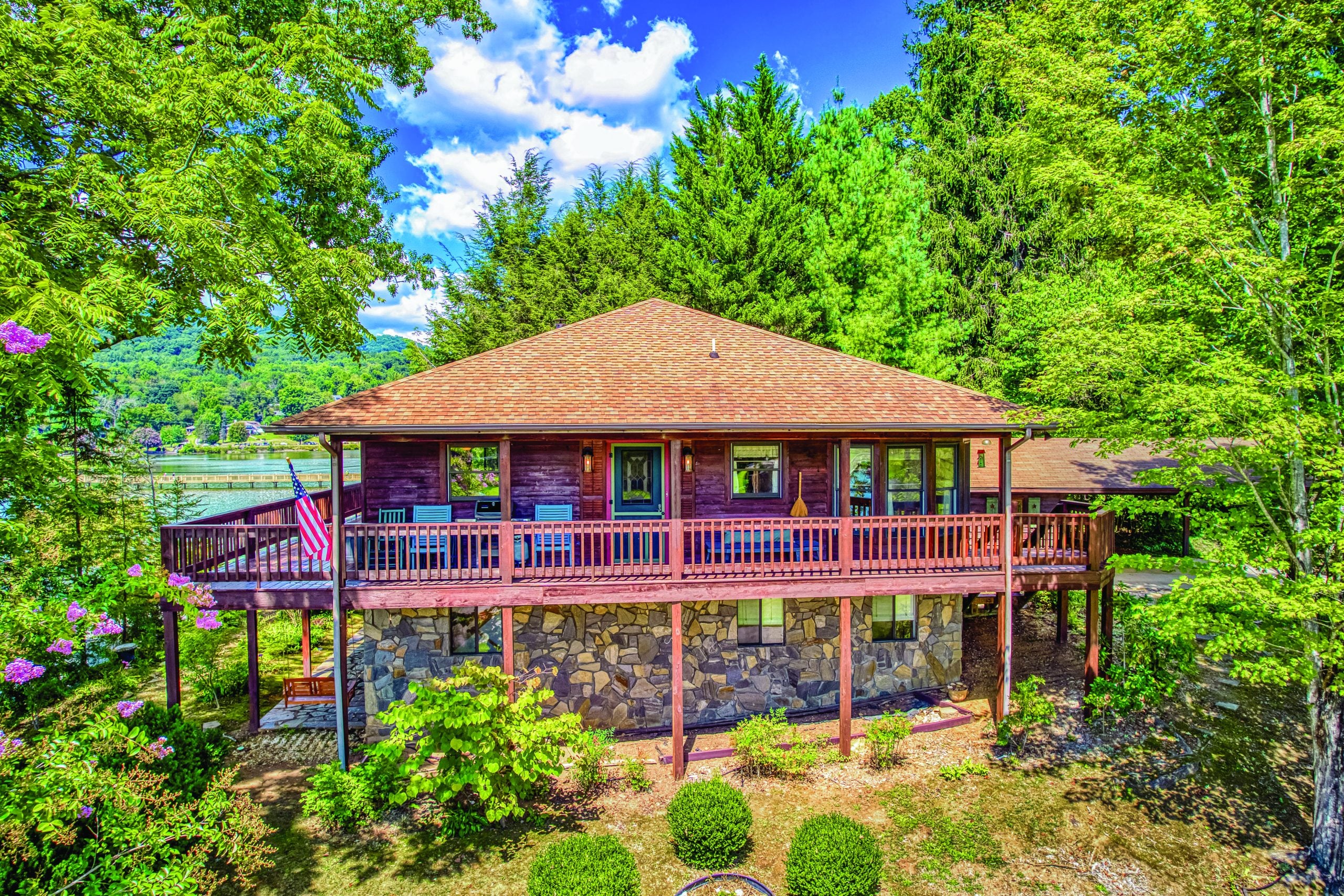 Panoramic view of Lake Junaluska from the porch of a vacation rental home.