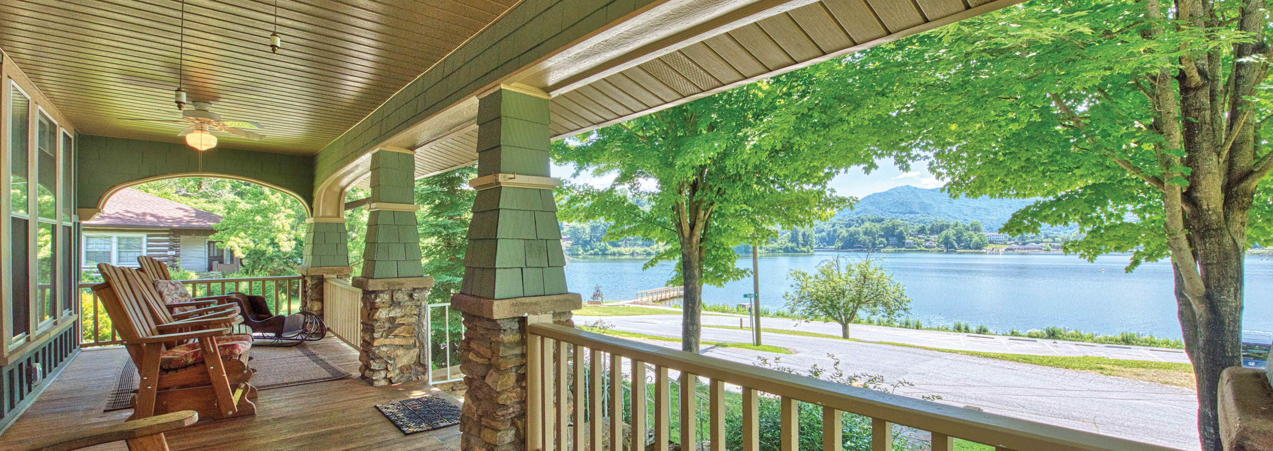 Panoramic view of Lake Junaluska from the porch of a vacation rental home.