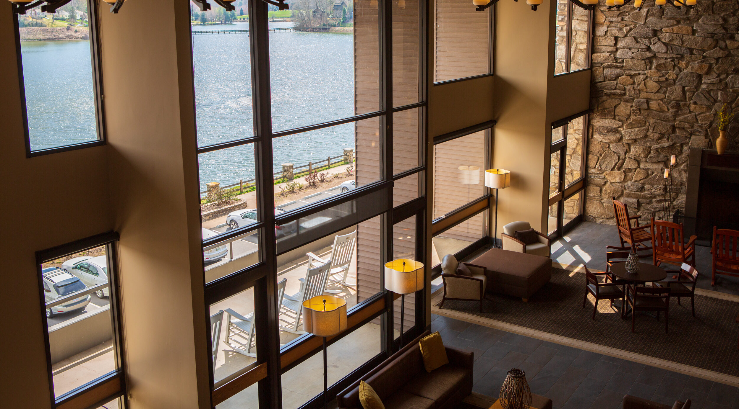 Lobby of Terrace Hotel with view of Lake Junaluska