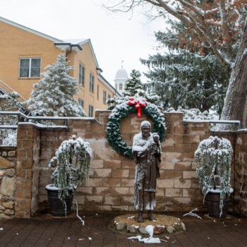 Lambuth Inn in snow decorated for holidays