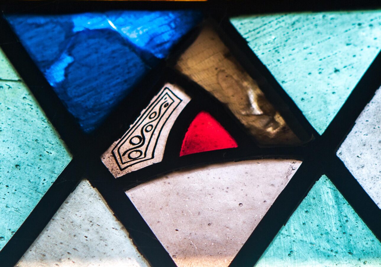 Line symbol on stained glass at Memorial Chapel