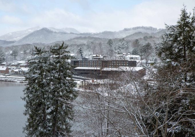 The Terrace Hotel on a snowy day at Lake Junaluska