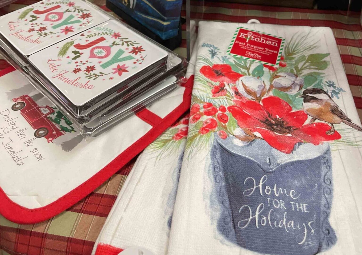 Junaluska Gifts & Grounds Home for the Holidays towel and Christmas items