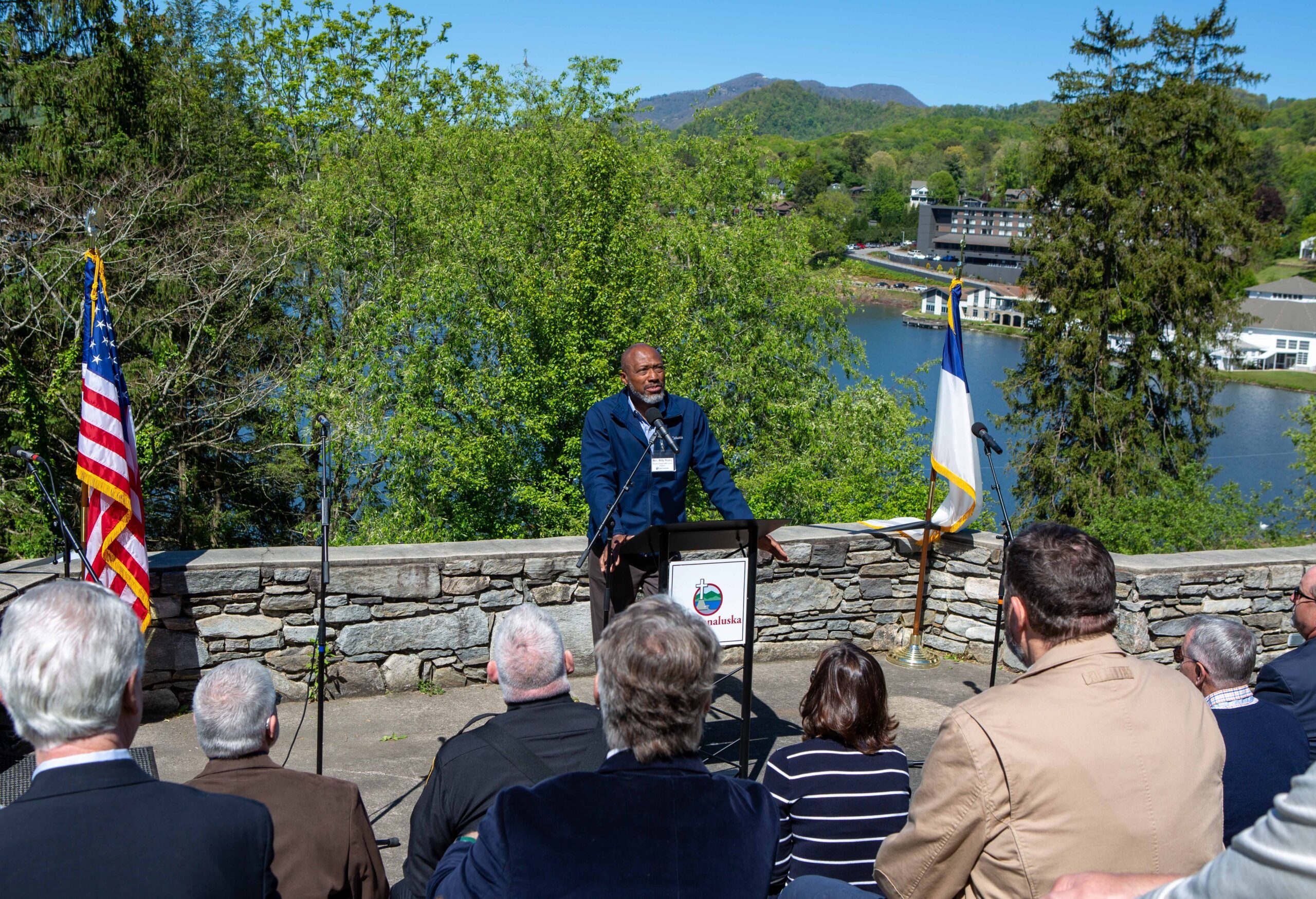 Rev. Billy Staley leads a prayer during the 2023 National Day of Prayer at the Lake Junaluska amphitheater