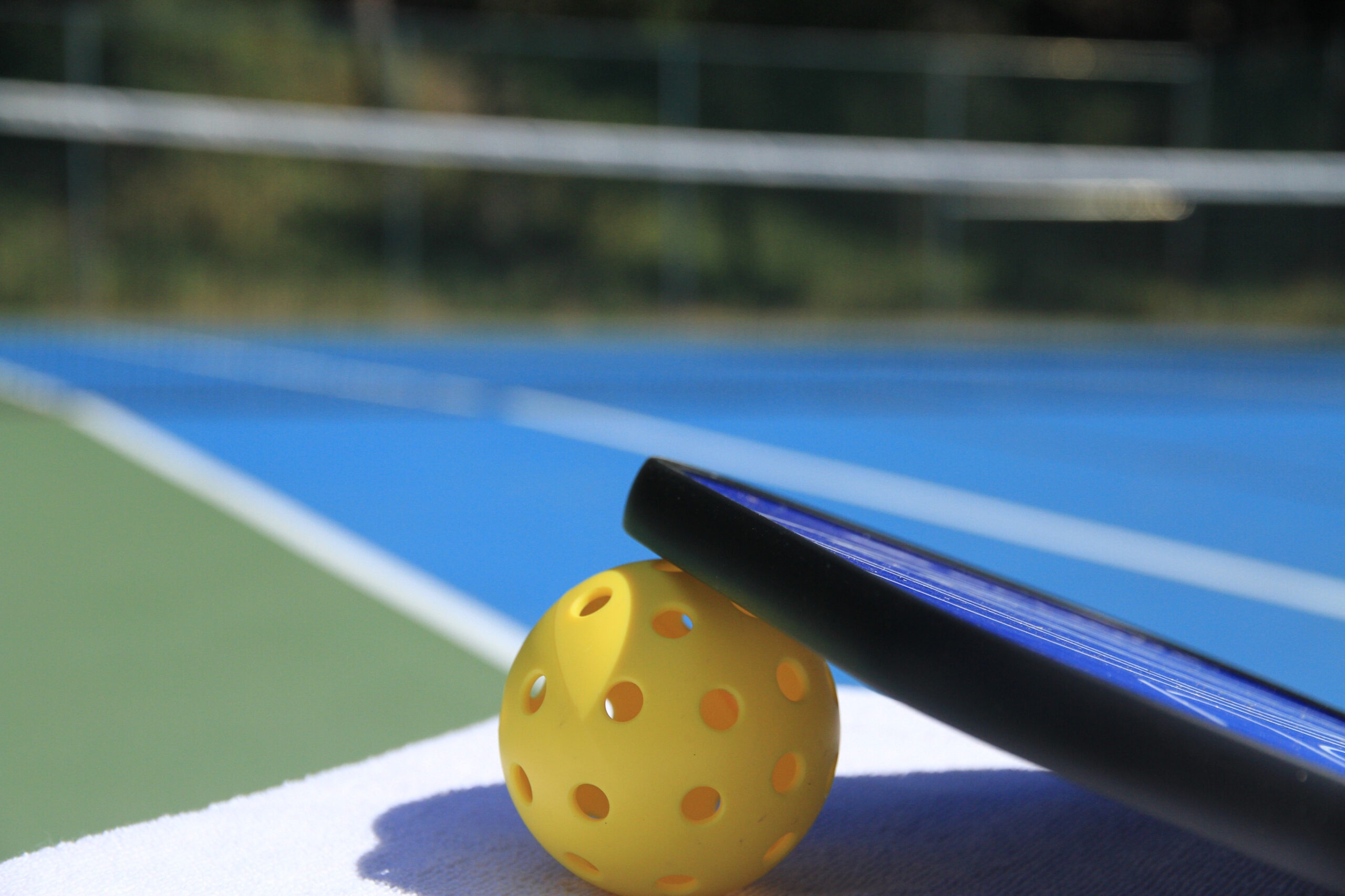 Pickleball racket resting on ball