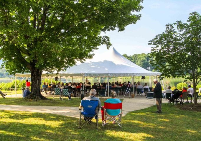 The Lakeside White Tent hosts the outdoor worship service as part of the Summer Worship Series.