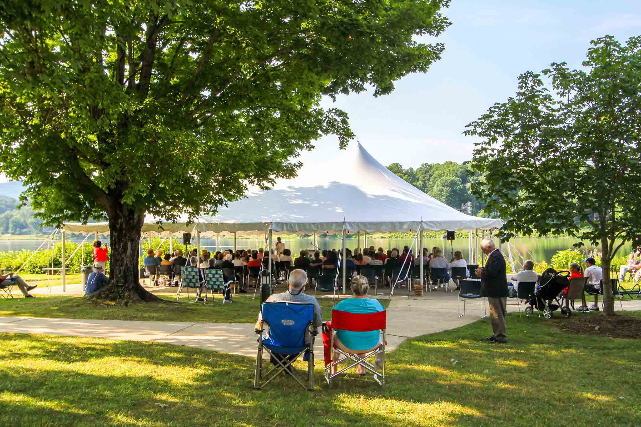 The Lakeside White Tent hosts the outdoor worship service as part of the Summer Worship Series.